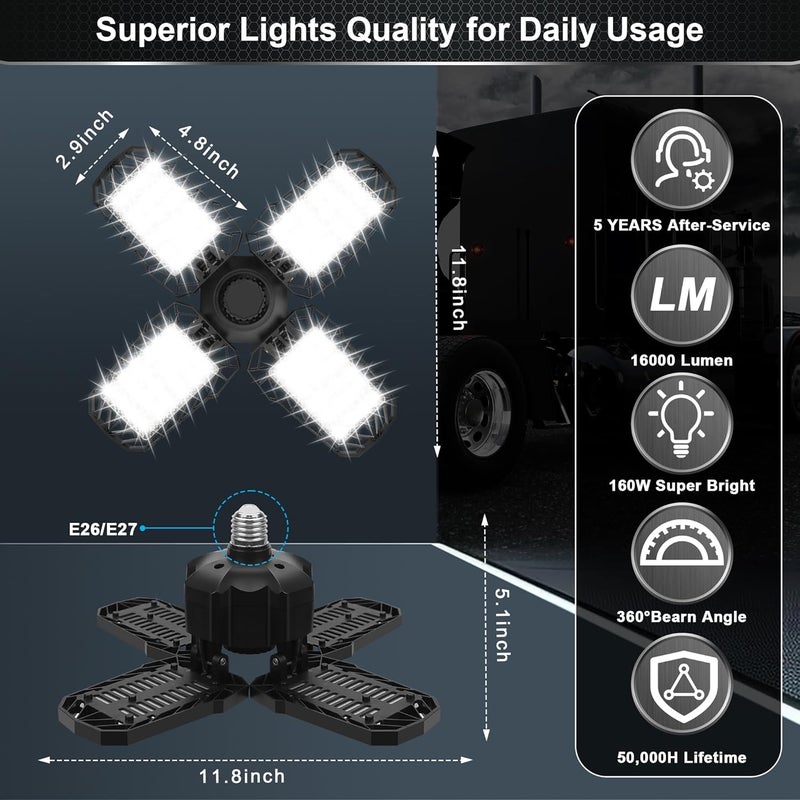 AUDLES 2 Pack LED Garage Light, 150W 15000LM 6500K LED Shop Lights, Garage Lights Ceiling Led with 4 Deformable Panels, Screw in E26/E27 Bulb Socket for Warehouse, Basement, Attic, Barn, High Bay Lighting - Image 4